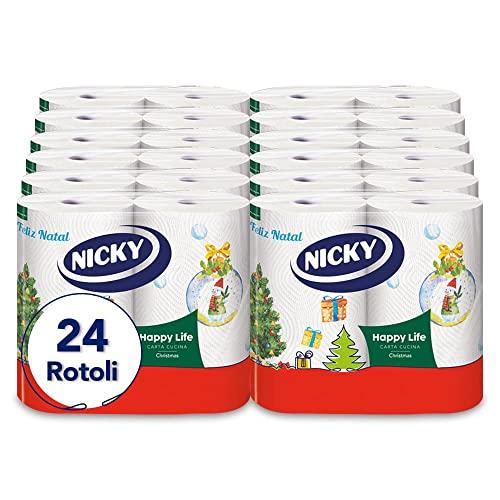 Nicky Happy Life Christmas - Carta Cucina Natalizia, 24 Rotoli Asciugatutto da 100 Strappi, Carta a 2 Veli, Apertura Facilitata, 4 decori natalizi diversi, Resistente ed Assorbente, Carta FSC