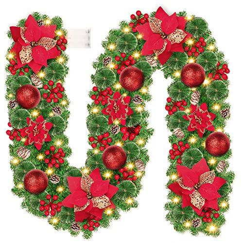 Ghirlanda Natalizia, CHOIGN 2.7M/9 Piedi Decorazioni Natalizie con Luci 30LEDs Alimentate Batterie, Ghirlanda Natale Decorazioni Artificiale per Porta, Camini,Scale,Decorazioni dell'albero di Natale