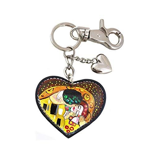 Portachiavi in pelle dipinto a mano – IL BACIO DI KLIMT, portachiavi cuore donna con moschettone, in pelle e metallo, lavorazione artigianale Made in Italy, idea regalo