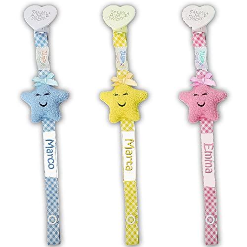Zigozago - Catenella Portaciuccio con Motivo Stella | Personalizzabile con Nome | Accessorio per neonati artigianale con Clip, Fatto a Mano, in tessuto, lunghezza 27 cm