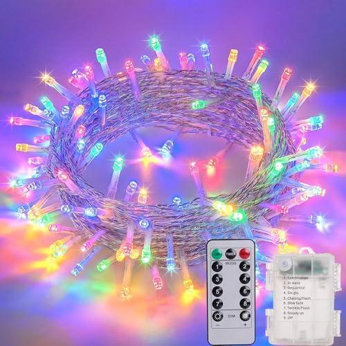 Litark Luci Natale Esterno Batteria,10 M 100 LED Luci Albero Di Natale 8 Modes con Telecomando, Funzione di Timer, Dimmerabile,Esterno/Interni Lucine Decorative per Balcone Feste Natale(Multicolore)