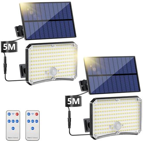 Lampada Solare da Esterno [2 Pacchii] Luce Solare LED Esterno con Sensore di Movimento 200LED 4 Modes Telecomando Faro LED Esterno con Pannello Solare, Luci da Esterno Giardino Solari con 5M Cavo