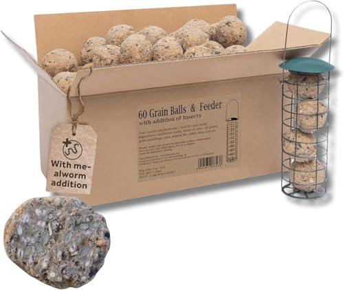 Care4Nature 60 Palline di Grasso per Uccelli Selvatici con Distributore - Palla di Grasso per Uccellini da Esterno con Insetti - Ingredienti Naturali e Alto Valore Nutritivo - Per l'uso tutto l'anno