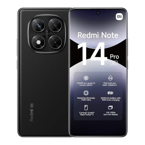 XIAOMI Smartphone Redmi Note 14 Pro 5G, 8+256GB, fotocamera AI da 200MP, IP68, ricarica turbo da 45W con batteria da 5110mAh, funzionalità AI (caricabatterie non incluso), Nero