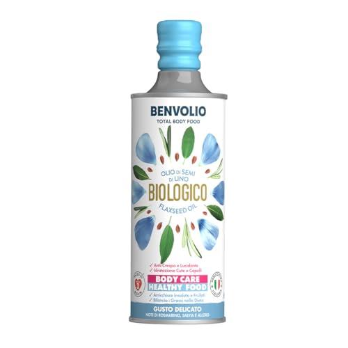 BENVOLIO - Olio di Semi di Lino Biologico | 500 ml | Ricco di Omega 3 & Antiossidanti | Alimentare & Cura dei Capelli | Anti-Crespo per Capelli Ricci | Omega 3 Cani | Flaxseed Oil, Aceite de Lino