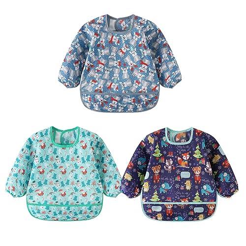 Yealoo 3 Pezzi Bavaglini con Maniche Impermeabile Bavaglino a Manica Lunga Grembiule Pappa 5-30 Mesi