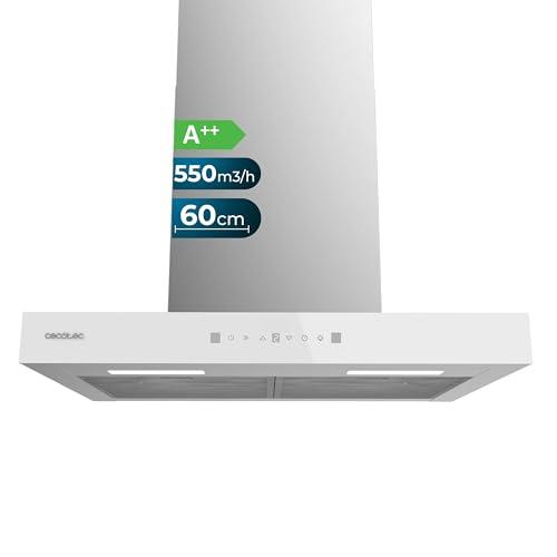 Cecotec Cappa Aspirante 60 cm Flux TT 605500 Inox A++. 70 W, Finitura Frontale Vetro Bianco, Basso Consumo, Aspirazione 550 M3/H, Controllo Tattile, 3 Livelli, Luce Led, Filtro Al Carbonio