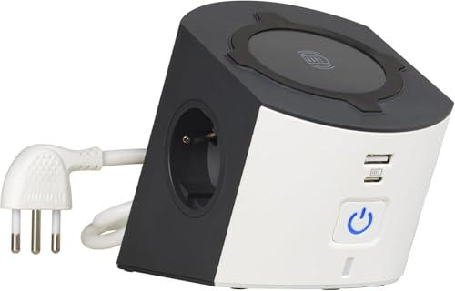 BTICINO Multipresa Desktop S3714DBUW, Multipresa Elettrica 5 Posti, Caricatore Wireless 15W, Prese USB A+C, 2 Prese Schuko, Ciabatta Elettrica con Interruttore e Led, Spina Piccola 10A, Cavo 2 Metri