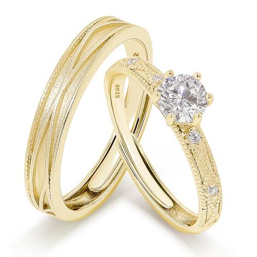 Meissa Anelli di Fidanzamento in Argento 925 Sterling con Zirconia Cubica, Fedi Nuziali Regolabili e Delicate, Set Promessa Sposa con Taglio Rotondo Brillante (Oro(Set di due anelli))