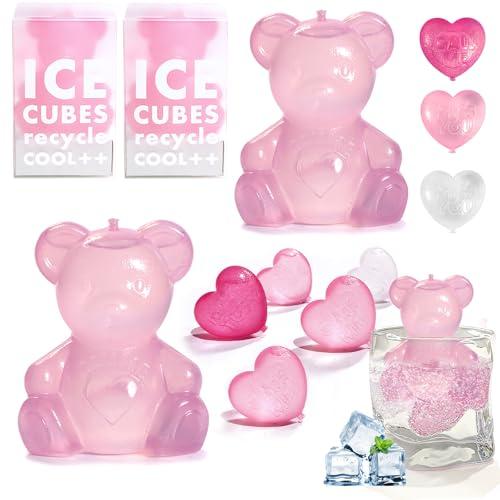 Cubetti di Ghiaccio Riutilizzabili, Cubetti di ghiaccio a forma di cuore Shyllin, 2 orsetti, 8 a forma di cuore, Bevande Drink Ice Cubes per Feste e Compleanni (Pink bear)