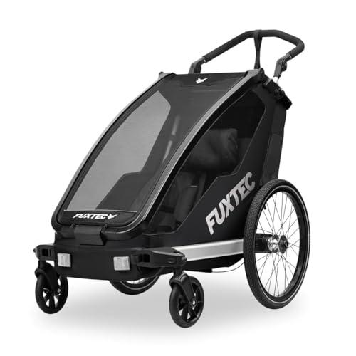 FUXTEC Rimorchio per Bici FX-FA1S Nero – Carrello 1 Posto per Bambini con Cintura di Sicurezza – Pieghevole con Parasole e Parapioggia Inclusi – Telaio Leggero e Robusto