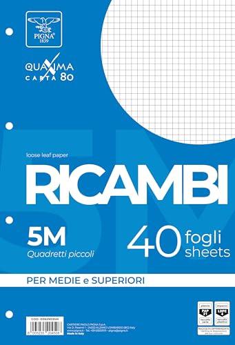 Pigna 00629035M, Ricambio non rinforzato, Rigatura 5M, quadretti 5 mm per 2° e 3° elementare, Carta 80g/mq, Pacco da 40 Fogli