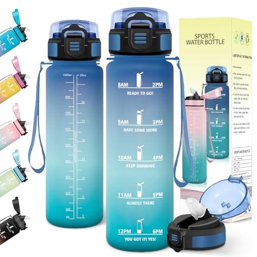 Baramumu Borraccia 1 litro, con Cannuccia, Borraccia Palestra, a Prova di Perdite, Bottiglia acqua, Facile da Aprire, Borracce, per Palestra, Trekking, Fitness, Yoga, Ufficio, Blu-Verde
