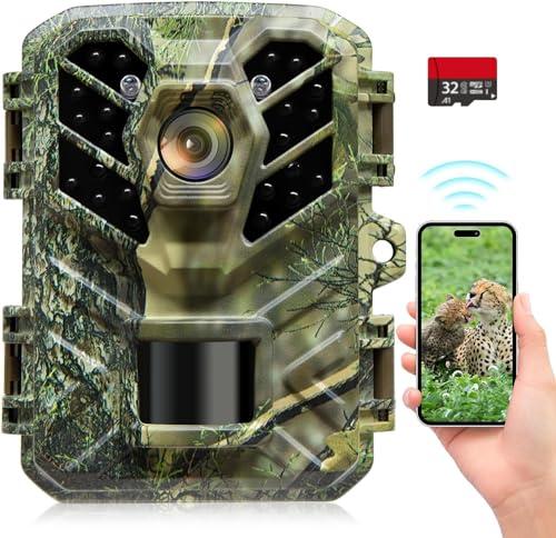Coolifepro Fototrappola WIFI Bluetooth, Mini 32MP 1080P Fotocamera Caccia con IR Visione Notturna Impermeabile IP66 Fototrappola con Scheda SD da 32GB per la Sorveglianza della Fauna Selvatica