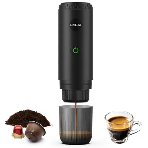 BESCOST Macchina Caffè Portatile 3 IN 1 Compatibile con NS, DG, Polvere di Caffè,Auto-Riscaldamento,Caffettiera Portatile da Viaggio,Macchina Caffè Espresso per Ufficio Campeggio Auto Barca