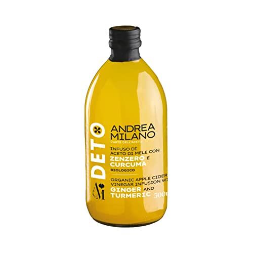 Deto Andrea Milano, Aceto di Mele Biologico con Zenzero, Curcuma e Peperoncino, Ideale come Condimento su Verdure Grigliate o da Bere Solo o Diluito con Del Ghiaccio, Made in Italy, 500 ml