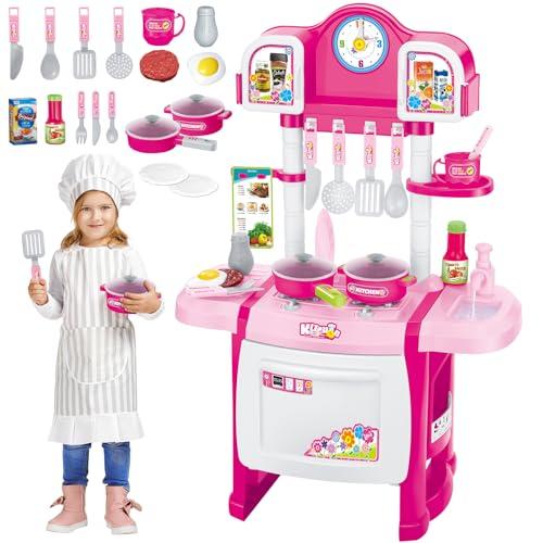 deAO My Little Chef Cucina Giocattolo in Miniatura con Luci e Suoni, 18 Accessori, Fornello, Lavello, Padelle e Utensili, Gioco di Ruolo, Regalo per Bambini e Bambine | Rosa
