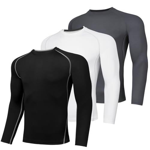 AMZSPORT Maglia Compressione Uomo Maglia Termica Manica Lunga Maglietta Palestra Compression Shirt Ciclismo Running Sportiva, Confezione da 3: Nero Bianco Grigio M