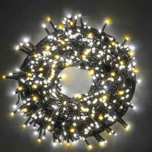 Luccika stringa natalizia con luci a led su cavo verde per uso interno ed esterno controller 31V con 8 giochi di luce e memoria (Bianco Ghiaccio + Bianco Caldo, 15 Metri con 300 Led)