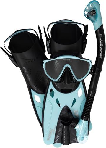Cressi Tino Adventure Set Black/Ice Cyan [S/M] - Set Pinne Tonga, Maschera Tino e Snorkel Scilla, per Snorkeling e Immersioni, Nero/Ice Cyan, S/M, Adulti