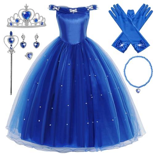 YOSICIL Ragazza Principessa Cenerentola Costume Manicotto a Sbuffo Festa Vestito Costume da Cenerentola per Bambina Halloween Cosplay Carnevale Festa Compleanno Abiti Accessori,Blu,130