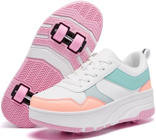 ANEFUN Ragazzi Ragazze Scarpe con Ruote Pattini Pattinaggio Bambini Pattini a Rotella Scarpe con 4 Ruote Rimovibili Comfort Sport Outdoor per Bambini, Luna Rosa Bianca, 31 EU