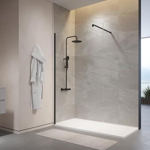 Box Doccia Walk-In 60 cm Altezza 200cm Parete Fissa Vetro Temperato Trasparente da 10mm con Trattamento Anticalcare Braccio Telescopico SUS304 Profili Alluminio Nero Opaco