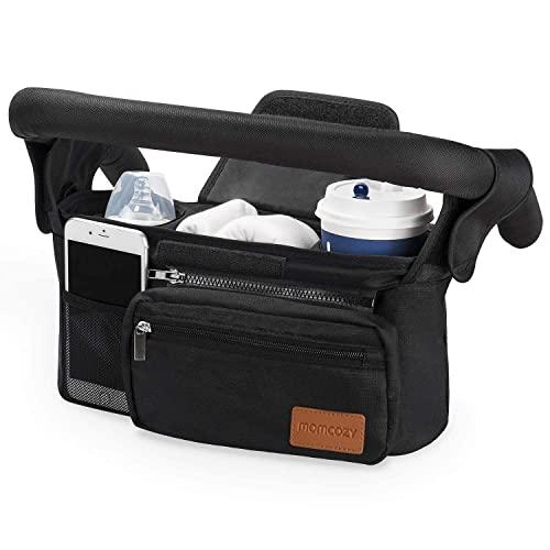 Momcozy Organizer per Passeggino, Pram Bag Organizer Multifunzione Carrozzina Buggy Storage Bag con Tasca Staccabile, Tasca per Cellulare, 2 Portabicchieri e Tracolla Organizer per Passeggino, Nero