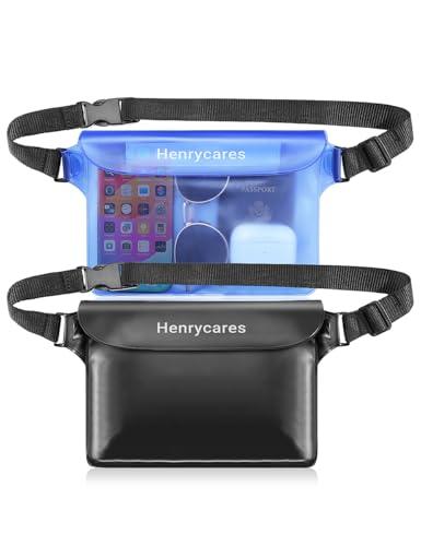 Henrycares 2 Pezzi Marsupio Impermeabile Mare, IPX8 Borsa Impermeabile con Tripla Tenuta, Cintura Regolabile Estesa, Busta Impermeabile Mare per Subacqueo, Spiaggia, Kayak (Nero+cristallo Blu)
