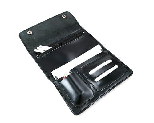 Portatabacco in Vera Pelle – Astuccio per Tabacco, Cartine, Filtri e Accendino – Made in Italy - Elegante e compatto (Nero)