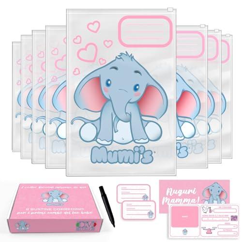 Mumi's bustine corredino neonato ospedale con elefantino, 8 bustine 38x25 per cambi e accessori, con etichette cartolina dei ricordi e pennarello inclusi IDEA regalo per nuove mamme(rosa)