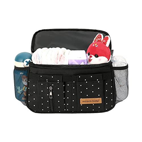 Borsa per Passeggino Universale Portaoggetti con Tracolla,Neonati Borsa Organizer,Portaoggetti Impermeabile Con Cerniera,Tasche di Design per la raccolta di Salviette, Pannoli, Merenda (Nero Stella)