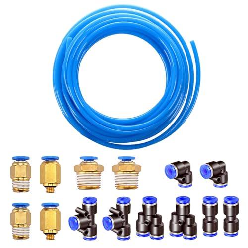 HUAZIZ Aria Pneumatica PU Tubo 8 mm OD 5 mm ID, 5 M PU Tubo per Poliuretano Blu, con 8 Pezzi Connettori Raccordi Rapidi a Pressione Pneumatica per dell'aria Raccordi (Forma Y/T/L/I)