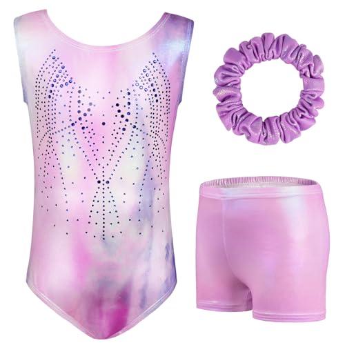 AOOWU Body da ginnastica da bambina, 3 pezzi, senza maniche, pantaloncini e fascia per capelli, leotardo per ginnastica, competizioni (130 code)