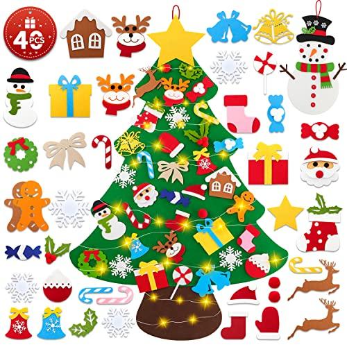 Lanpn Albero di Natale in feltro 102 cm più pupazzo di neve, Albero Natale montessori per bambini, albero di Natale con luci con 40 pezzi decorazione da appendere in velcro per casa, porta e parete