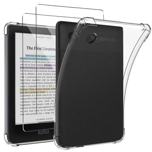 KUSINHOKA Custodia Protettiva per Kobo Clara Colour/Clara BW/Clara 2E (6 Pollici) + [2 Pezzi] Vetro Temperato, [Antiurto] Morbido Silicone Trasparent Custodia, [Anti-Graffio] TPU Protezione Cover