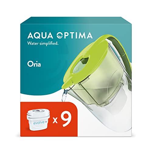 Aqua Optima Oria Caraffa Filtro Acqua e Cartucce Filtro Acqua 9 x 30 Giorni Evolve+, capacità 2,8 litri, per Riduzione di Microplastiche, Cloro, Calcare e Impurità, Verde