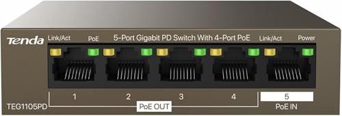 Tenda 5-Port Gigabit PoE Switch Senza Alimentazione AC, PD Switch Gigabit(4 porte PoE Out e 1 porta PoE In), Potenza fino a 22 W, Plug & Play, Senza Ventola, Solo Alimentazione PoE (TEG1105PD)