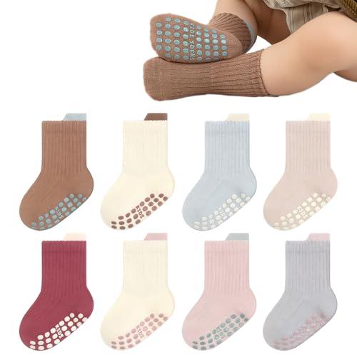 YANWANG 8 Paia di Calzini Antiscivolo con Grip per Bambini Piccoli Calzini Traspiranti per Neonati Bambini Bambina(Brown+Pink,M:1-3Y)