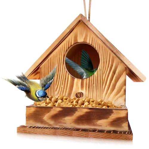 Casetta Decorativa per Uccelli Con Mangiatoia,Casetta per Uccelli in Legno,Casetta Uccellini Da Esterno,Casetta per Uccelli Selvatici,Uccelli per Rondini Pappagalli (C, 17.2x17.2x17.2CM)