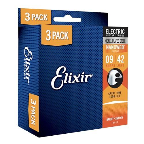 Elixir Strings - Corde per chitarra elettrica Nickel Plated Steel con rivestimento NANOWEB - Elixir corde per chitarra elettrica - Confezione da 3, Super Light 9-42