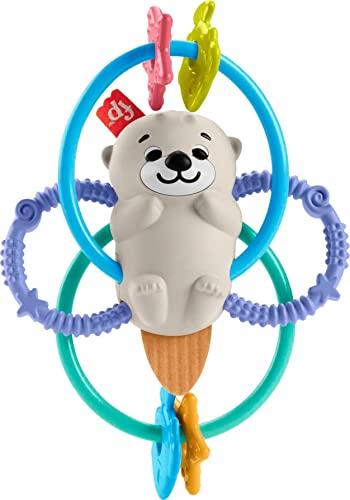 Fisher-Price Lontra Dentaruolo sonaglino mordicchiabile senza BPA, con anelli flessibili, giocattolo per bambini 3+ Mesi, HJW12