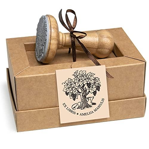 La Volpe e l'Uva Ex libris Timbro Personalizzato, Frutto della Vite Vino Vigne Famiglia Bookplate, Fatto a Mano Legno in Scatole Regalo