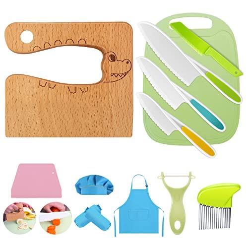 Set di 8 coltelli da cucina per bambini, per tagliare e cucinare, frutta o verdura, incluso coltello in legno, tagliere e pelapatate