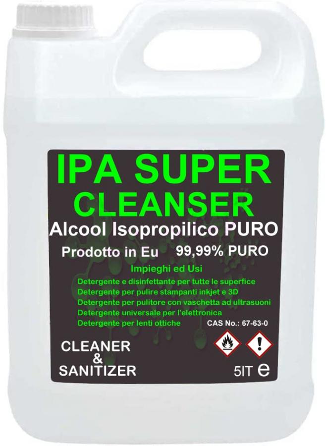 IPA SUPER Cleanser, Isopropanolo, Alcool Isopropilico, Alcool puro al 99,9%, Pulizia Stampanti 3D, Elettronica, Detergente per Vaschette ad Ultrasuoni, Multiuso - tanica da 5 litri