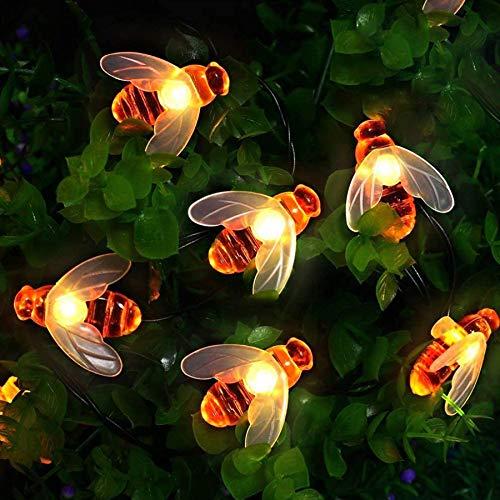 50 Luci LED solari da giardino, a forma di ape, su filo da 7 m, 8 modalità, impermeabili, per esterni, per recinzioni, prati, patio, festoni, giardini, feste estive, Natale, vacanze (bianco caldo)