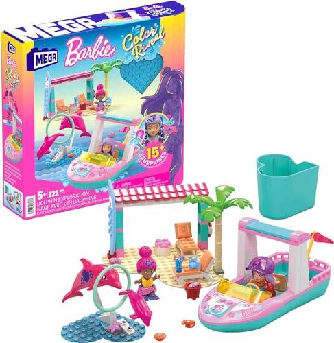 MEGA - MEGA Barbie Color Reveal Amici Delfini, Set di Costruzioni con oltre 10 Sorprese, 2 mini Bambole e 2 Delfini, Set Regalo, Giocattolo per Bambini 5+ Anni, HHW83