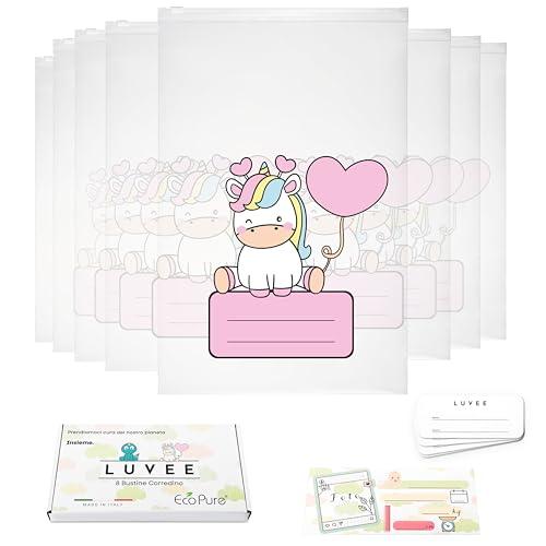 LUVEE 8 Bustine Corredino Neonato Ospedale con ETICHETTE ADESIVE - 100% Made in Italy - Sacchetti Cambio Neonato Ospedale Riutilizzabili per Asilo e Viaggi (Rosa)
