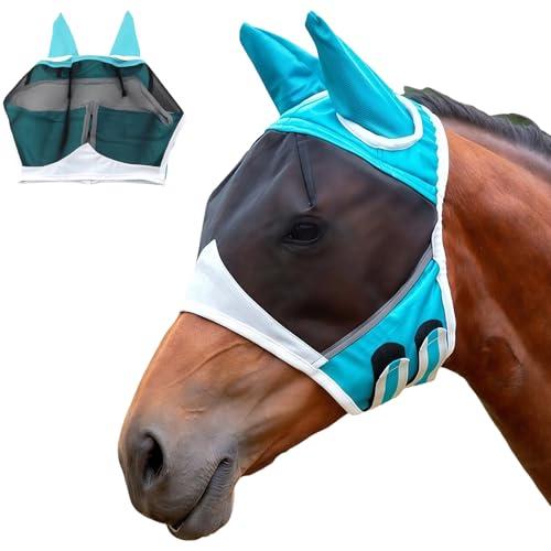 LUMOOM Maschera per cavalli, maschera per cavalli con protezione UV, maschera per cavalli con paraorecchie, orecchie da mosca, cavallo, cappello da mosca (M, blu)