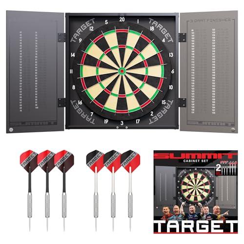 Target Darts Summit Armadio and Slim Bersaglio Set | Set Completo per Freccette | Include Cabinet e Bersaglio, Freccette in Ottone con Punta in Acciaio, Abbonamento di 1 Mese All'app Dartcounter